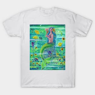 Sunny Sea mermaid" with tropical fish in the ocean copyright Renee L Lavoie T-Shirt